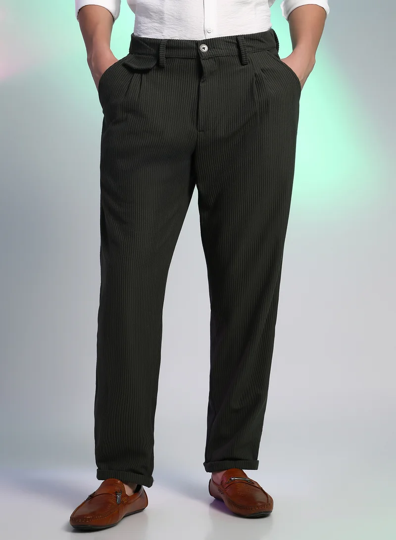 Campus Sutra Men's Midnight Black Corduroy Tailored Trousers For Casual Wear | Mid-Rise | Regular Fit | Button Closure | Trousers Crafted With Comfort Fit For Everyday Wear